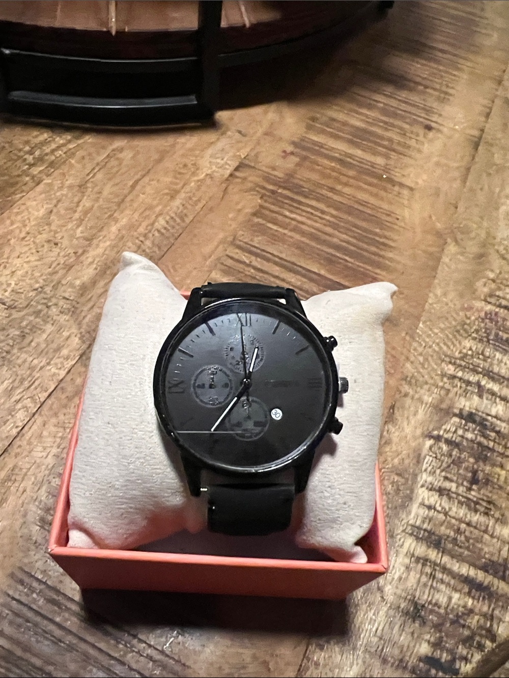 Men's Black Leather Strap Watch - 3-Subdial Chronograph
